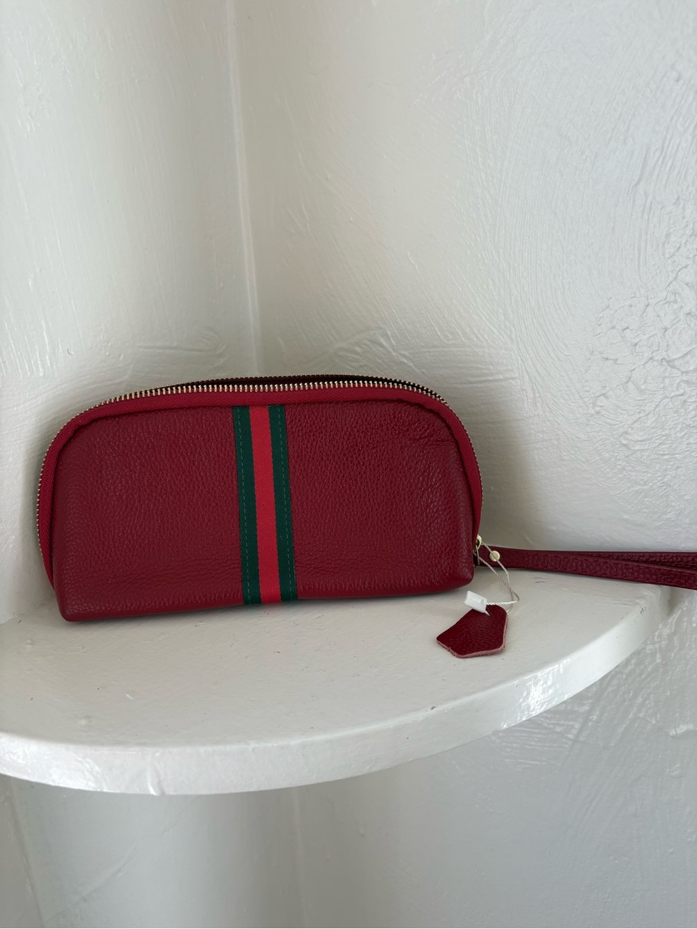 Red Leather Wristlet Clutch with Green Stripe
